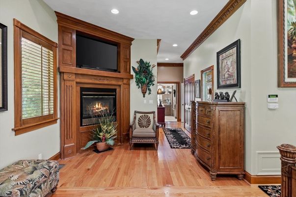Fireplace, Interior, Recessed Lighting, Wood Texture Flooring