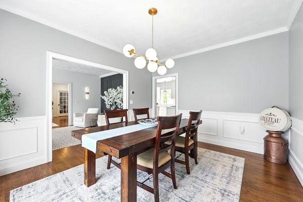 Dining room, Interior, Pendant Lights, Wood Texture Flooring