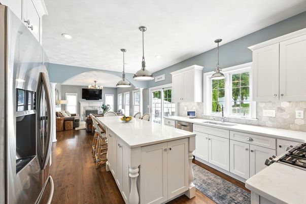 Dining room, Fireplace, Interior, Kitchen, Living room, Pendant Lights, Recessed Lighting, Wood Texture Flooring