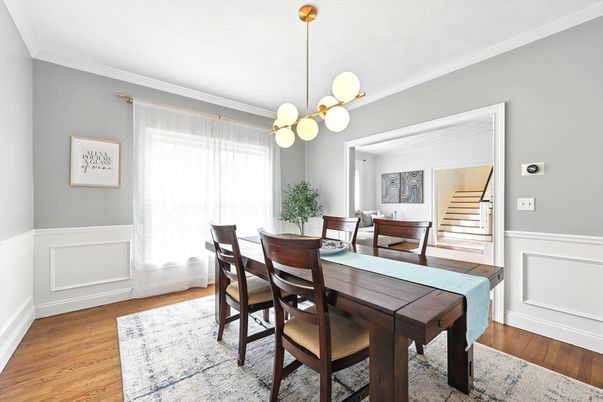 Dining room, Interior, Pendant Lights, Wood Texture Flooring