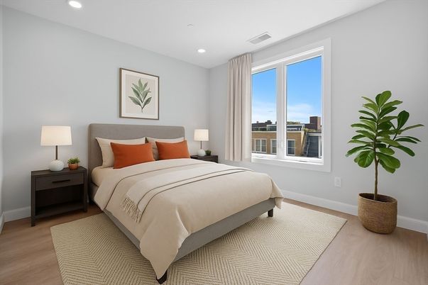 Bedroom, Interior, Recessed Lighting, Water, Wood Texture Flooring