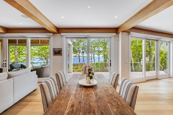 Dining room, Interior, Recessed Lighting, Water, Wooden Beams, Wood Texture Flooring