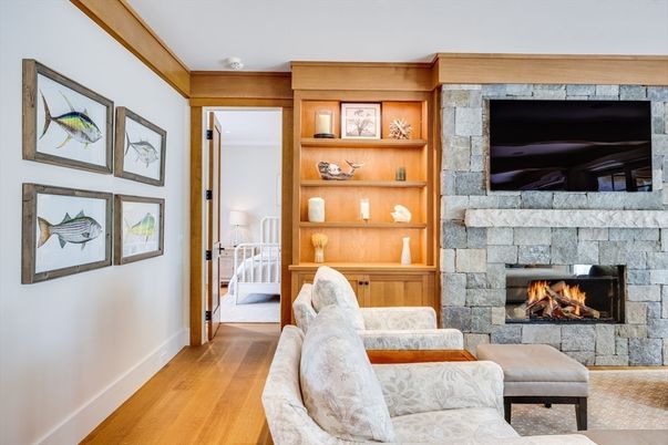 Fireplace, Interior, Living room, Stone Walls, Wood Texture Flooring