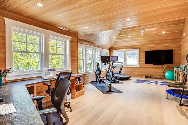 Fitness Equipment, Home Office, Interior, Recessed Lighting, Wooden Ceilings, Wood Texture Flooring, Wooden Walls