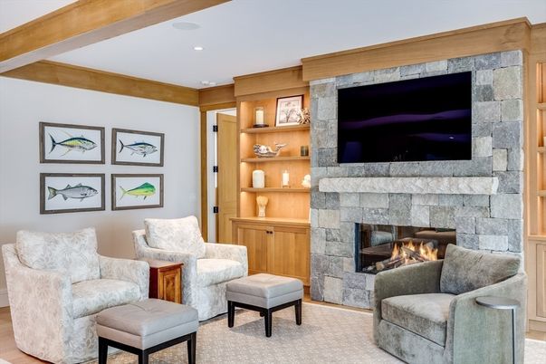 Fireplace, Interior, Living room, Recessed Lighting, Stone Walls