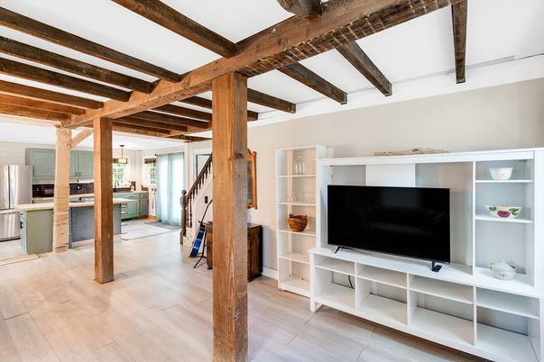 Interior, Kitchen, Pendant Lights, Stainless Steel Appliances, Wooden Beams, Wood Texture Flooring