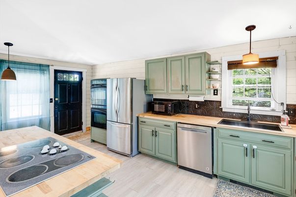 Interior, Kitchen, Pendant Lights, Stainless Steel Appliances, Wood Texture Flooring