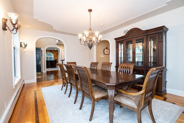 Chandelier, Dining room, Fireplace, Interior, Wood Texture Flooring