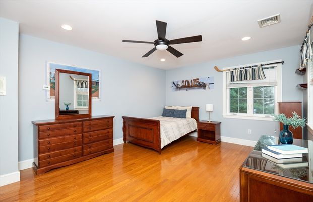 Bedroom, Interior, Recessed Lighting, Wood Texture Flooring