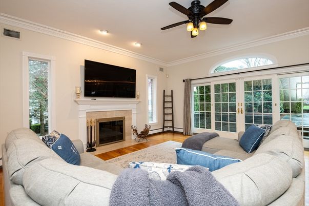Fireplace, Interior, Living room, Recessed Lighting, Wood Texture Flooring