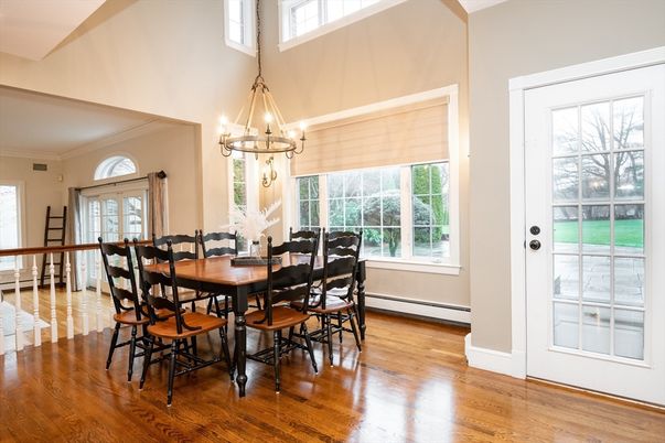 Chandelier, Dining room, Interior, Pendant Lights, Wood Texture Flooring