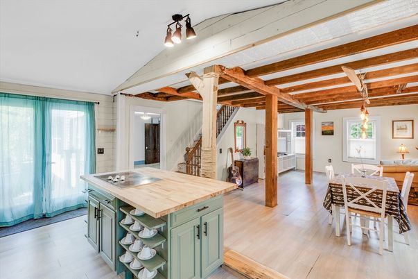 Dining room, Interior, Kitchen, Pendant Lights, Wooden Beams, Wood Texture Flooring