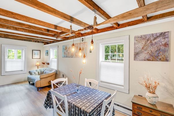 Dining room, Interior, Pendant Lights, Wooden Beams, Wood Texture Flooring
