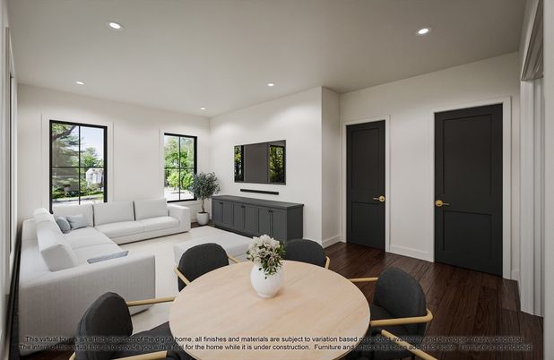 Dining room, Interior, Living room, Recessed Lighting, Wood Texture Flooring