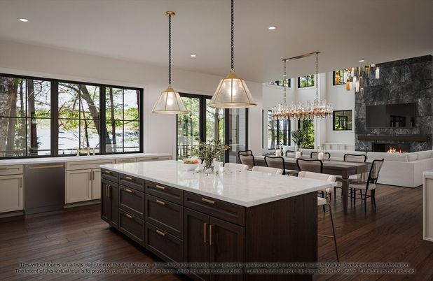 Dining room, Fireplace, Interior, Kitchen, Pendant Lights, Recessed Lighting, Wood Texture Flooring