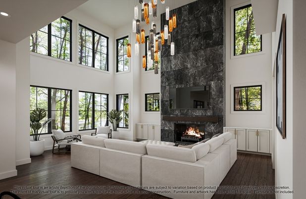 Fireplace, Interior, Living room, Pendant Lights, Recessed Lighting, Wood Texture Flooring
