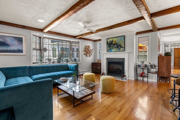 Fireplace, Interior, Living room, Recessed Lighting, Wooden Beams, Wood Texture Flooring