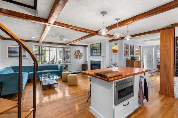 Fireplace, Interior, Kitchen, Living room, Pendant Lights, Recessed Lighting, Wooden Beams, Wood Texture Flooring