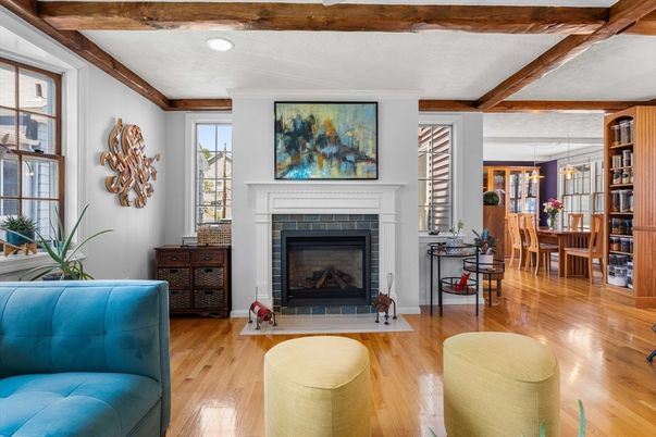 Dining room, Fireplace, Interior, Pendant Lights, Recessed Lighting, Wooden Beams, Wood Texture Flooring