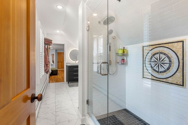 Bathroom, Glass Shower, Interior, Marble, Recessed Lighting