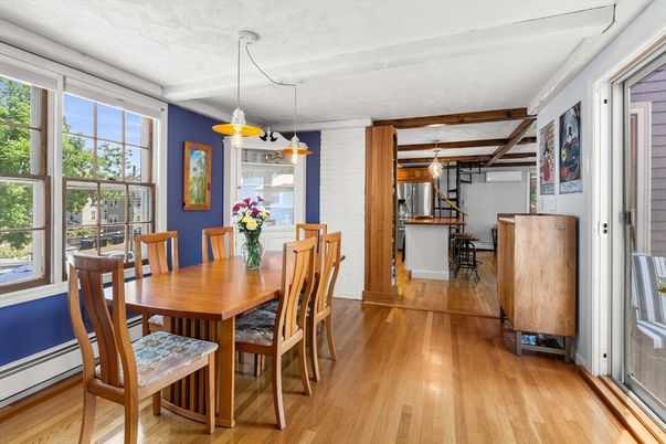 Dining room, Interior, Pendant Lights, Wood Texture Flooring