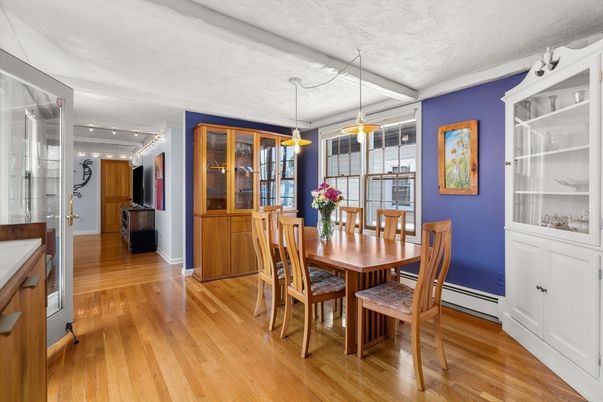 Dining room, Interior, Pendant Lights, Recessed Lighting, Wood Texture Flooring