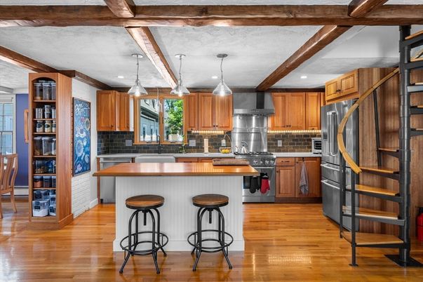 Interior, Kitchen, Pendant Lights, Recessed Lighting, Stainless Steel Appliances, Wooden Beams, Wood Texture Flooring