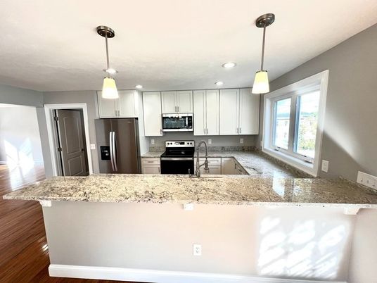 Interior, Kitchen, Pendant Lights, Recessed Lighting, Stainless Steel Appliances, Wood Texture Flooring