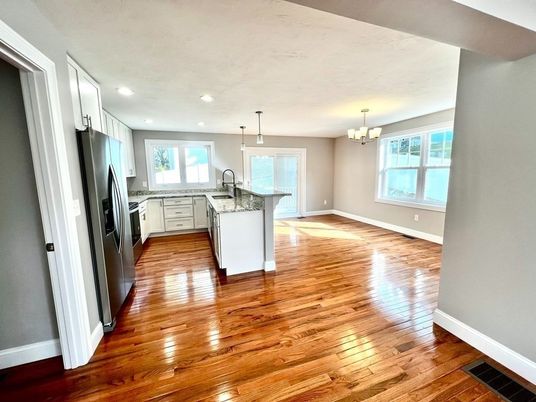 Chandelier, Interior, Kitchen, Pendant Lights, Recessed Lighting, Wood Texture Flooring