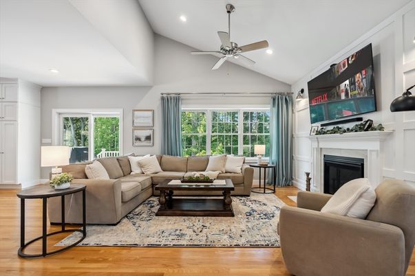 Fireplace, Interior, Living room, Recessed Lighting, Wood Texture Flooring