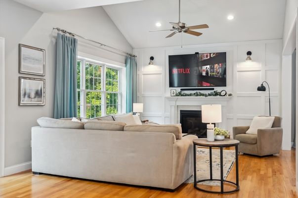 Fireplace, Interior, Living room, Recessed Lighting, Wood Texture Flooring