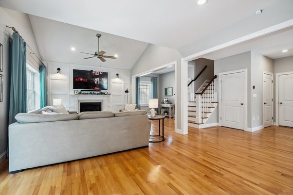 Fireplace, Interior, Living room, Recessed Lighting, Wood Texture Flooring