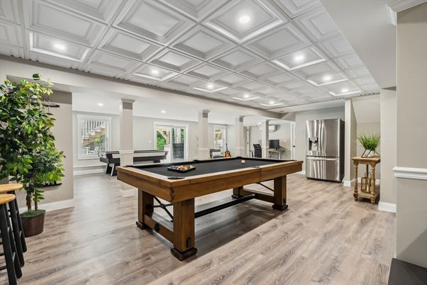 Billiard Table, Game Room, Interior, Recessed Lighting, Wood Texture Flooring