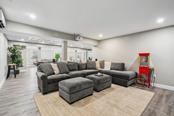 Game Room, Interior, Living room, Recessed Lighting, Wood Texture Flooring