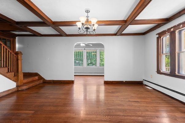 Chandelier, Empty room, Interior, Wooden Beams, Wood Texture Flooring