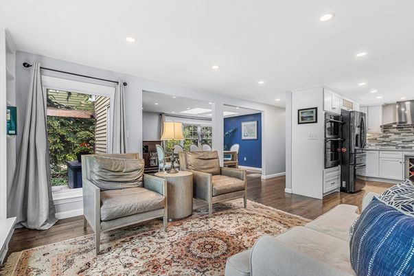 Interior, Kitchen, Living room, Recessed Lighting, Stainless Steel Appliances, Wood Texture Flooring