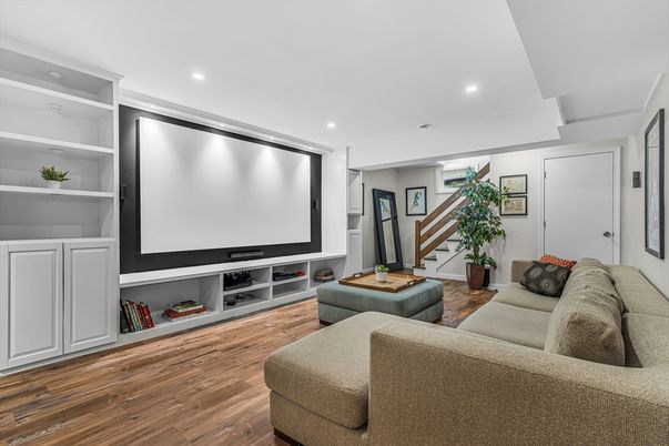 Interior, Living room, Projection Screen, Recessed Lighting, Wood Texture Flooring