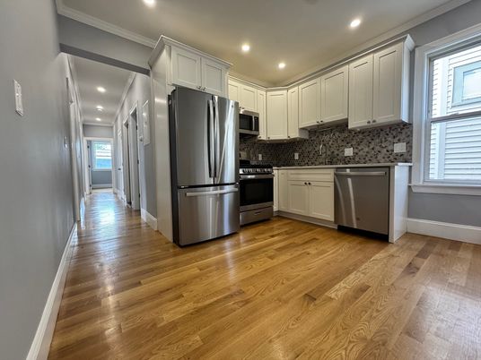 Interior, Kitchen, Recessed Lighting, Stainless Steel Appliances, Wood Texture Flooring