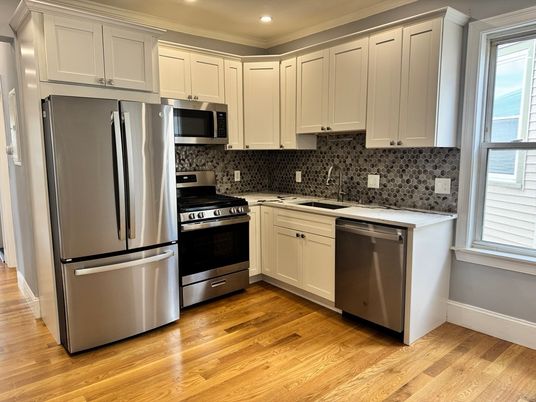 Interior, Kitchen, Recessed Lighting, Stainless Steel Appliances, Wood Texture Flooring