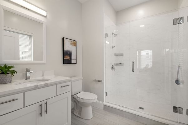 Bathroom, Glass Shower, Interior, Marble Walls, Wood Texture Flooring