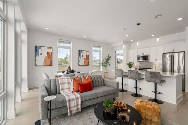Dining room, Interior, Kitchen, Living room, Pendant Lights, Recessed Lighting, Stainless Steel Appliances, Wood Texture Flooring