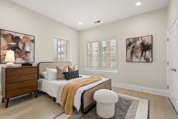 Bedroom, Interior, Recessed Lighting, Wood Texture Flooring