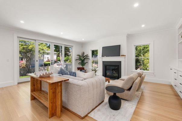 Fireplace, Interior, Living room, Recessed Lighting, Wood Texture Flooring