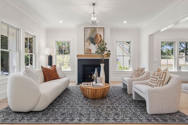 Fireplace, Interior, Living room, Pendant Lights, Recessed Lighting, Wood Texture Flooring