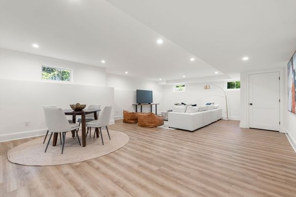 Dining room, Interior, Living room, Recessed Lighting, Wood Texture Flooring