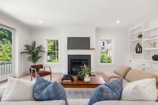 Fireplace, Interior, Living room, Recessed Lighting, Wood Texture Flooring