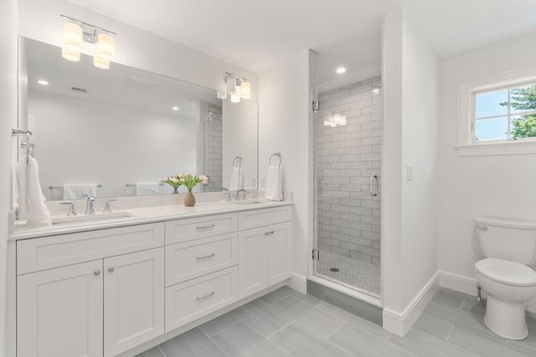 Bathroom, Dual Sink Vanities, Glass Shower, Interior, Recessed Lighting