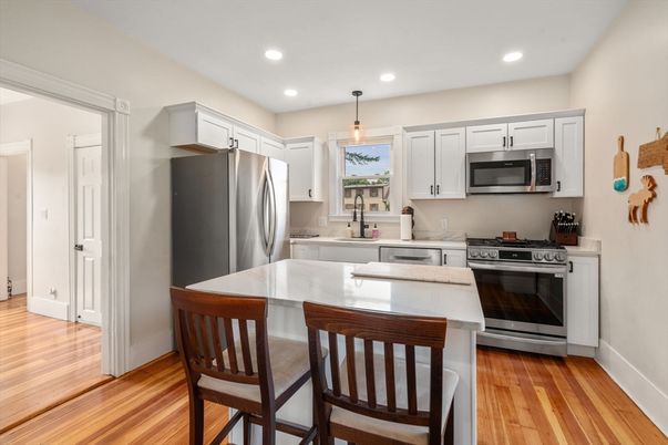 Interior, Kitchen, Pendant Lights, Recessed Lighting, Stainless Steel Appliances, Wood Texture Flooring