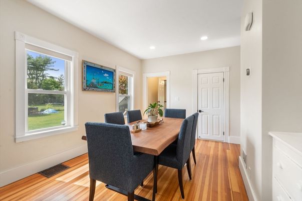 Dining room, Interior, Recessed Lighting, Wood Texture Flooring