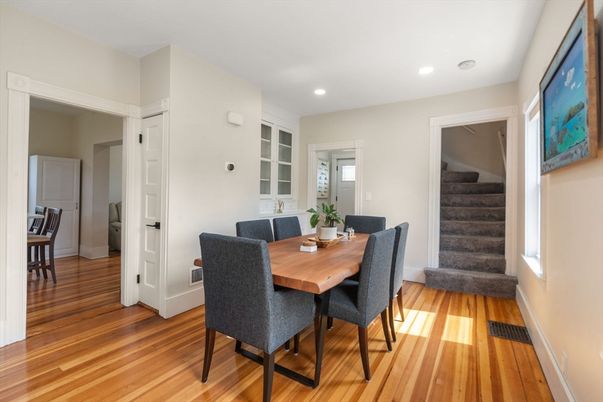Dining room, Interior, Recessed Lighting, Wood Texture Flooring